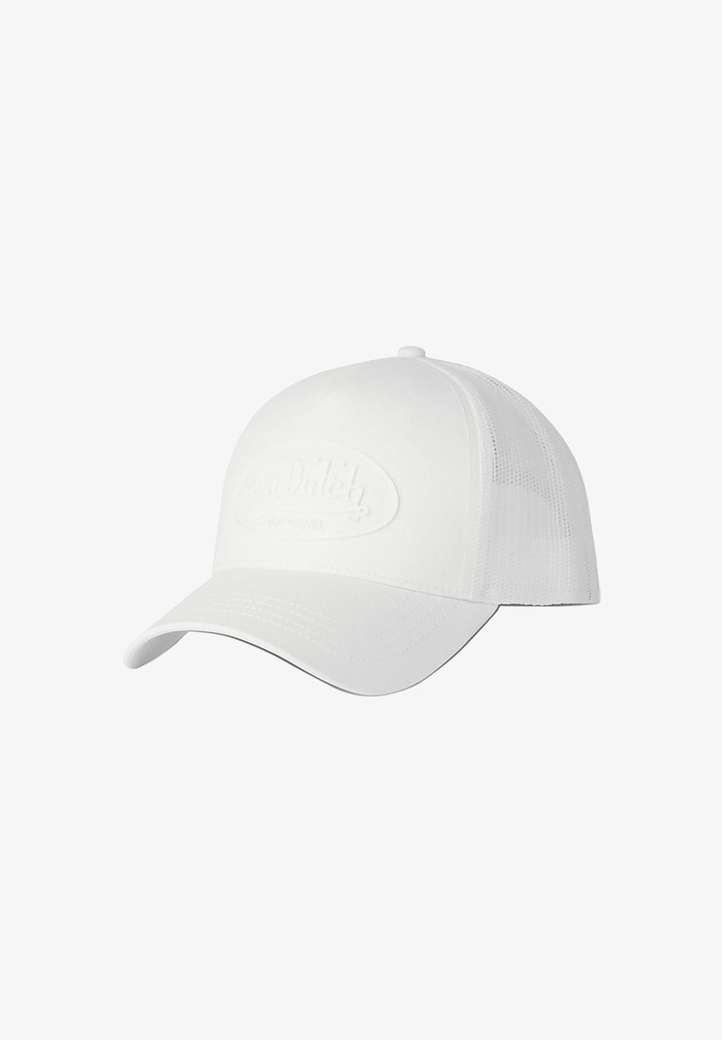 Casquette de trucker blanche avec une visière incurvée et des panneaux arrière en mesh, présentant un logo subtil en relief sur le panneau avant.