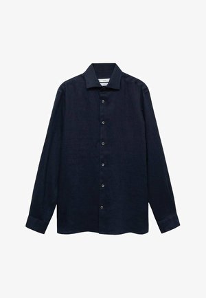 Chemise à manches longues bleu foncé en tissu léger, avec un devant à boutons, un col classique et des poignets boutonnés. Texture lisse et design simple.