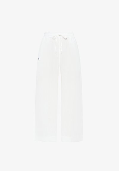 Άσπρο λινό παντελόνι με φαρδιά παντελόνια, με ελαστική μέση και κορδόνι, με μικρό ναυτικό λογότυπο στη αριστερή πλευρά. Λεία υφή.
