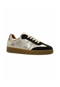 Zilver- en zwarte sneaker met een mix van suede en metallic materialen, ronde neus, witte veters en een gumrubberen zool.