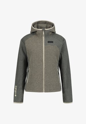 Veste à capuche grise avec un design texturé, fermeture éclair à l'avant, deux poches latérales et détail de logo sur la manche. Comprend une doublure intérieure légère.