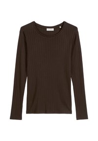 Donkerbruine lange mouw t-shirt gemaakt van ribbelstof, met een ronde halslijn en een eenvoudig, aansluitend ontwerp.