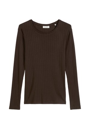 Donkerbruine lange mouw t-shirt gemaakt van ribbelstof, met een ronde halslijn en een eenvoudig, aansluitend ontwerp.