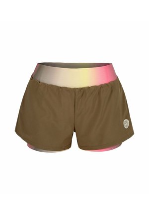 Braune Sportshorts mit breitem, hellbeigem Taillenbund und kleinem rundem Logo am unteren linken Saum.