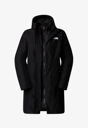 Black waterproof jacket with a hood, featuring a full front zipper and logo on the chest. Smooth, lightweight fabric with long sleeves.