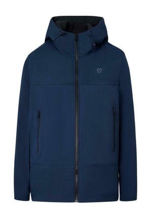 Chaqueta azul marino con cremallera y capucha, dos bolsillos frontales con cremallera y un logo sutil en el pecho. Confeccionada con un tejido suave.