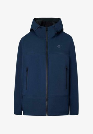 Chaqueta azul marino con cremallera y capucha, dos bolsillos frontales con cremallera y un logo sutil en el pecho. Confeccionada con un tejido suave.