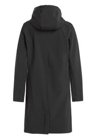 Cappotto lungo nero con cappuccio, realizzato in tessuto liscio. Presenta una linea dritta, cuciture laterali e una cucitura centrale sul retro per dare struttura.