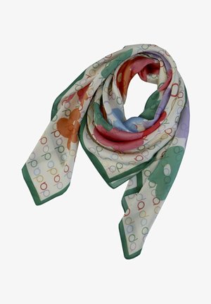 Fular de seda colorido con un patrón de logo repetido en tonos de rojo, verde, naranja y azul sobre un fondo claro y con un borde verde.