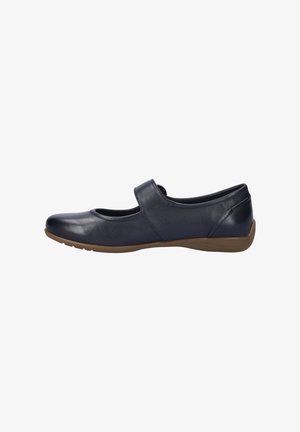 Navy blue leather flat shoes with a rounded toe, adjustable strap, and light brown rubber sole. Smooth texture and minimalist design.
