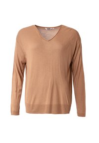 Vaaleanruskea v-kaula-aukollinen neulepaita, pitkät hihat, pehmeä tekstuuri, resorit helmassa ja hihansuissa, kevyt materiaali, yksinkertainen kuvioimaton muotoilu.