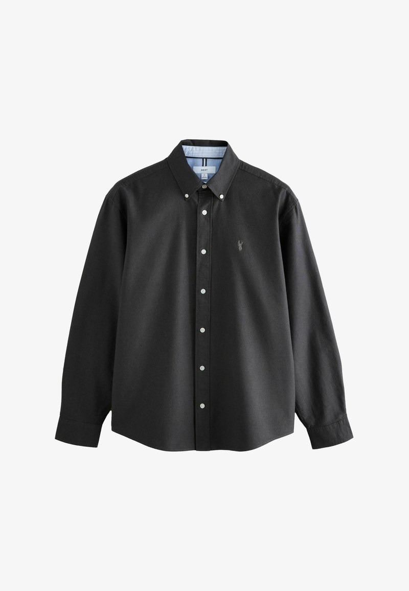 Zwarte overhemd met lange mouwen en een button-down kraag, voorzien van witte knopen en een klein geborduurd logo. Gemaakt van een soepele katoenmix-stof.