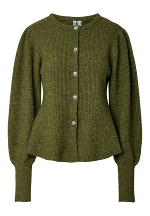 Cardigan verde a coste con maniche lunghe a sbuffo, caratterizzato da sei bottoni lucidi sulla parte anteriore e un design a vita svasata per una silhouette aderente.