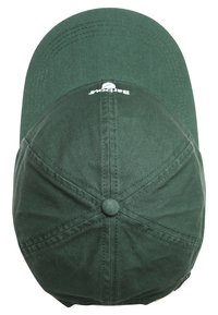 Grüne Baumwoll-Baseballmütze mit gebogenem Schirm, die ein weißes Logo auf der Vorderseite und ein Knopfdetail oben hat. Strukturierte Stoffoberfläche.