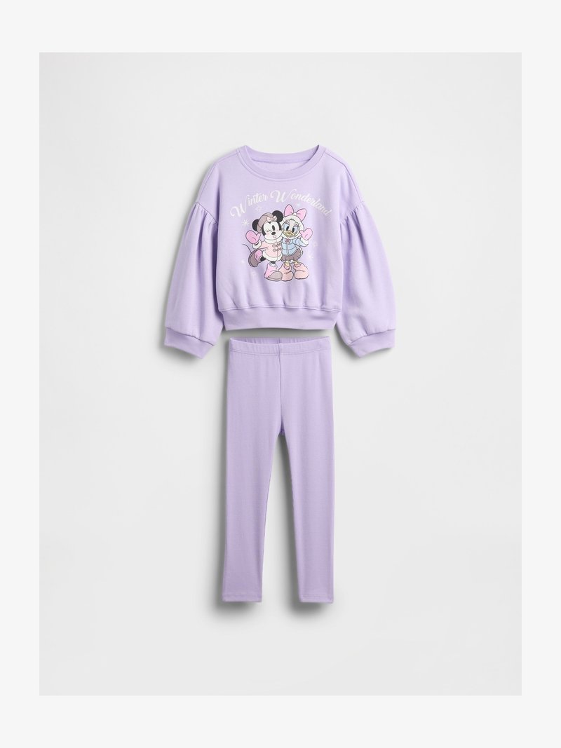 Violets bērnu mājas apģērbu komplekts ar garām piedurknēm un pūderētām piedurknēm ar grafisko apdruku, kopā ar atbilstošām legingu biksēm.