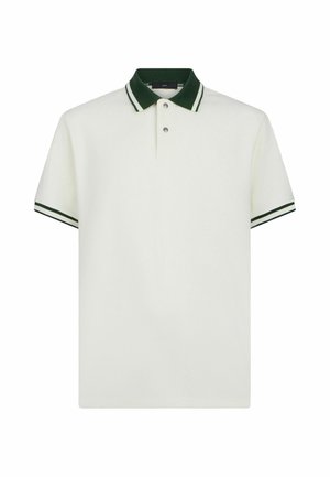 Polo blanc à manches courtes avec col et bordure de manches vert foncé, patte de boutonnage à deux boutons, et logo discret sur la poitrine.