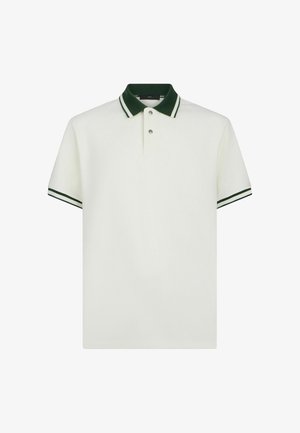 Polo blanco de manga corta con cuello y ribetes en las mangas de color verde oscuro, tapeta con dos botones y un sutil logo en el pecho.