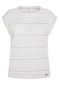 Biała koszulka z krótkim rękawem w poziome brązowe paski. Okrągły dekolt i luźny krój. Miękka tekstura i subtelny akcent marki na dole.