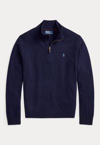 Marineblauwe trui met lange mouwen en kwartrits, met een klein geborduurd logo op de linkerborst en geribbelde manchetten en zoom.