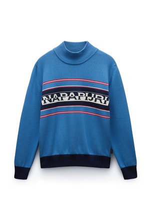 Blå stickad tröja med hög krage, djärv randig design i röd och marinblå, samt logotypen "NAPAPURI" tydligt framträdande.