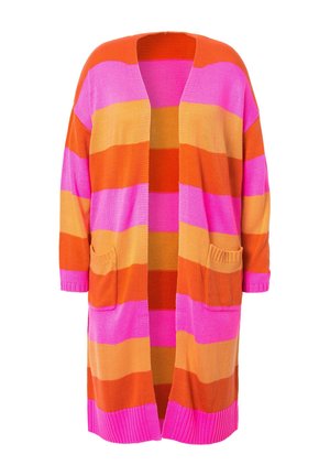 Strikjakke med kraftige vandrette striber i orange, pink og gul. Åben forsidedesign med to påsiddede lommer og ribbede ærmer.