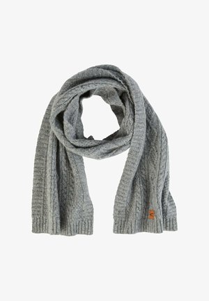 Gray knitted scarf with a cable pattern, ribbed ends, and a small leather logo tag. Soft texture, versatile design for layering.