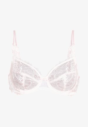 Lett underwired bh i lyse rosa, med delikate blomster mønstre, justerbare stropper og bølgete kanter for et teksturert utseende.