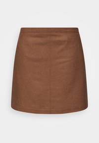Bruine wolmix mini-jurk met een rechte snit, met schone lijnen en minimale stiksels. Gladde textuur. Geen extra versieringen.