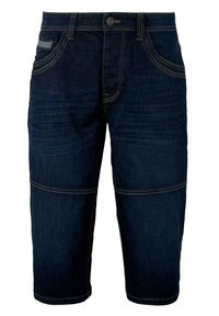 Short en jean bleu foncé avec bouton et fermeture éclair à l'avant, passants de ceinture, et coutures détaillées aux genoux et aux poches.