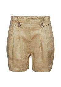 Shorts en lin beige taille haute avec plis, pattes boutonnées à la ceinture et coupe décontractée.