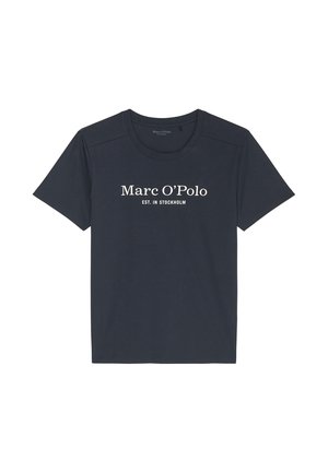 T-shirt a maniche corte blu navy in cotone, con collo rotondo e logo stampato bianco "Marc O'Polo EST. IN STOCKHOLM" sul davanti.