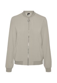 Lichtbeige bomberjack met een gladde textuur, ritssluiting aan de voorkant en een ronde halslijn. Voorzien van lange mouwen met elastische manchetten.