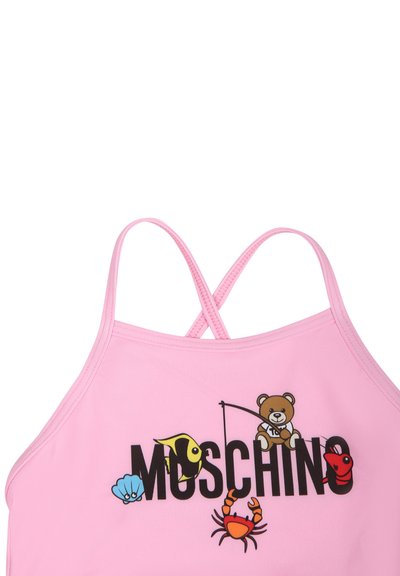 Roze zwemtop met kruislings verstelbare bandjes, voorzien van een grafische print van zeedieren en een beer. Gemaakt van soepel, rekbaar materiaal.