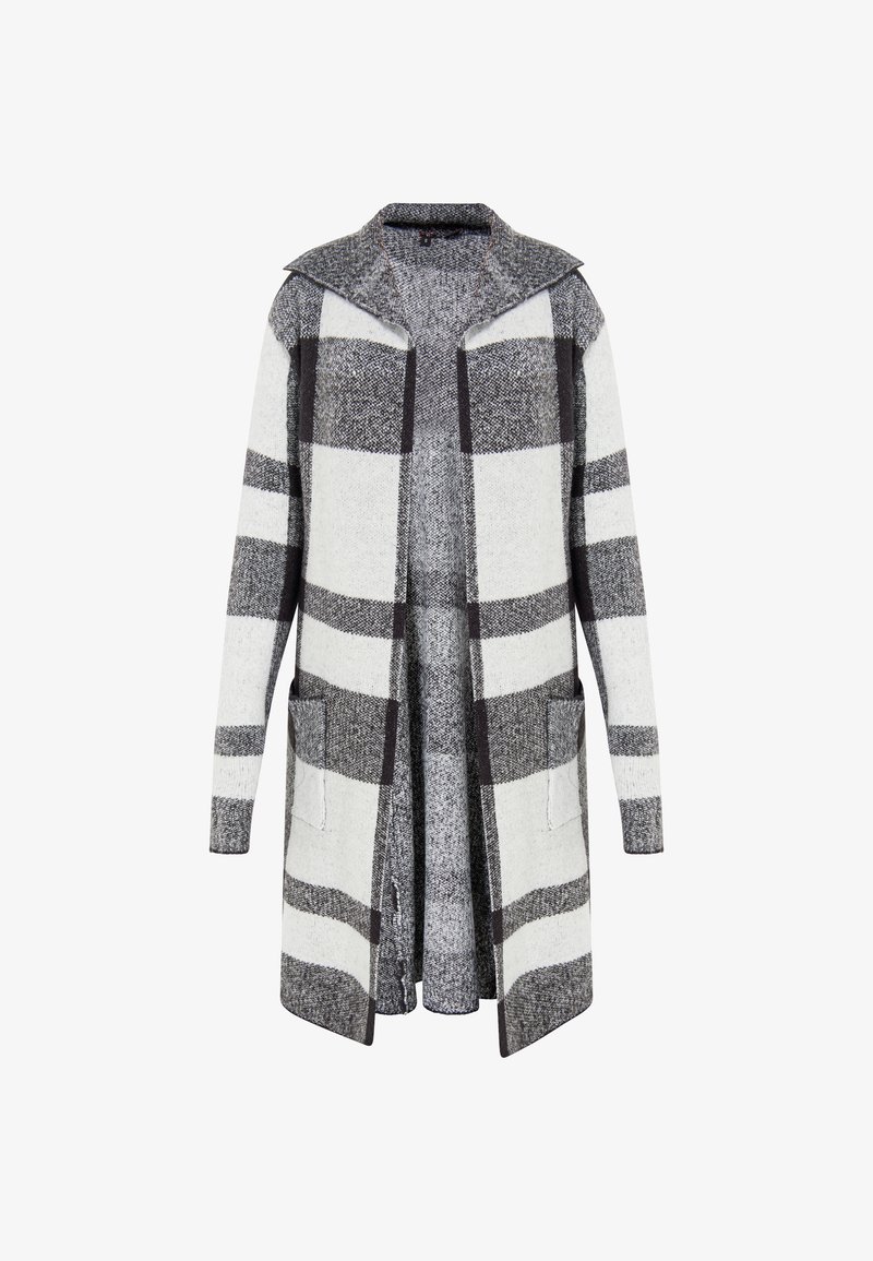 Dlouhý cardigan z texturovaného úpletu, s velkým černobílým kostkovaným vzorem. Otevřený vpředu s dvěma předními kapsami a šálovým límcem.