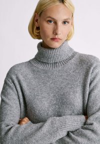 Maglione grigio a collo alto con colletto e polsini a costine, caratterizzato da paillettes sparse per un tocco di texture. Materiale morbido a maglia.