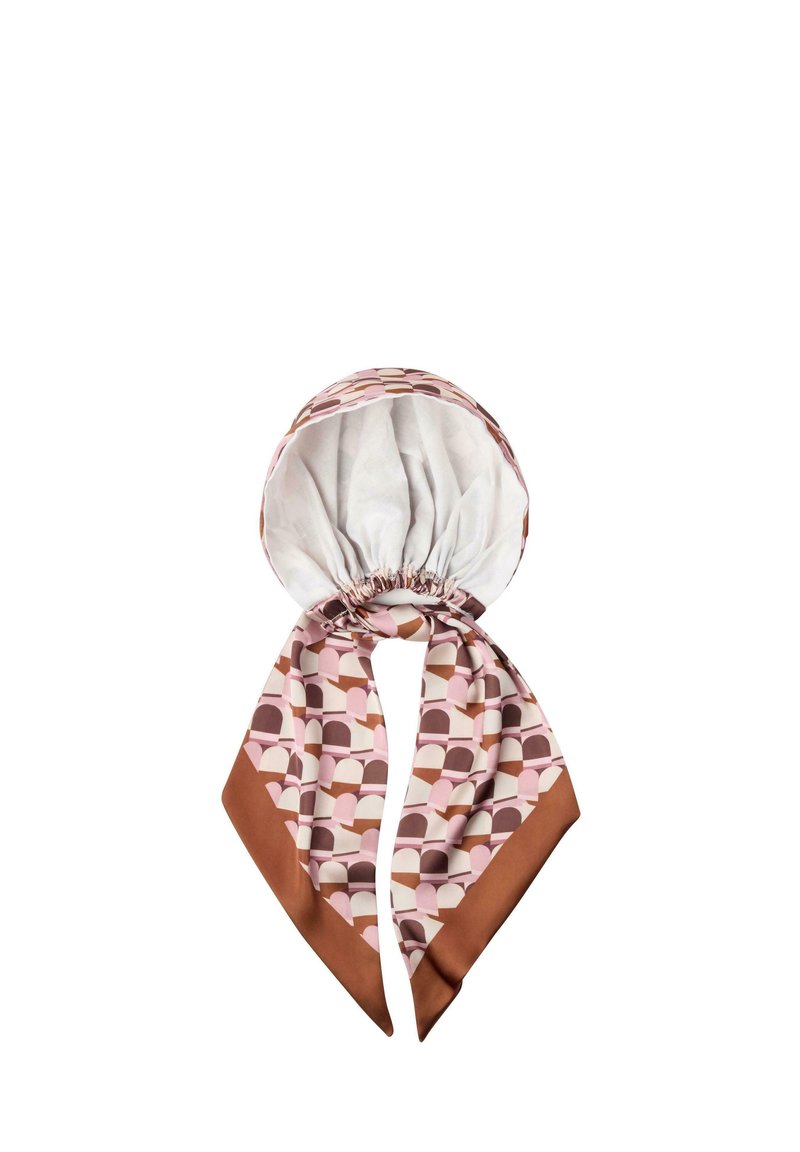 Silkehalstørklæde med et gentagende geometrisk mønster i pink, brun og creme, med en solid brun kant og en samlet, elastisk top.