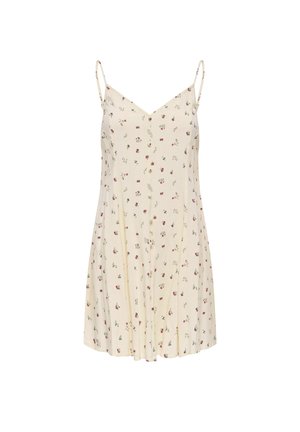 Krémové šaty bez rukávov s tenkými ramienkami, malým červeno-modrým kvetinovým vzorom, gombíkmi vpredu a výstrihom do V.