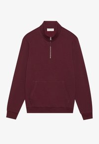 Burgundská čtvrtzipová mikina z měkké tkaniny má klokaní kapsu a žebrované manžety. Jednoduchý, čistý design s minimálním zdobením.