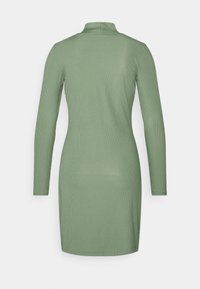 Vestido de manga longa e canelado em tecido verde suave. Apresenta um decote alto e uma silhueta ajustada, com uma bainha reta e fendas laterais.