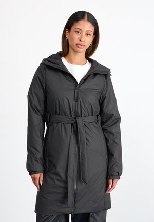 Black, mid-length puffer coat with a hood, front zipper, adjustable waist belt, and elastic cuffs, featuring a smooth, slightly shiny texture.