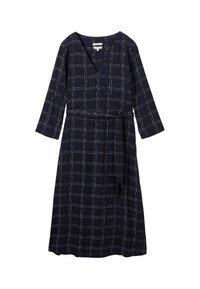 Robe portefeuille bleu marine à motif à carreaux blancs, manches trois-quarts, décolleté en V et une ceinture en tissu assortie à la taille.