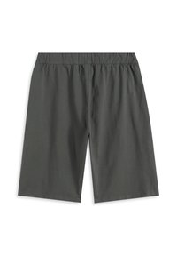 Pantalones cortos gris oscuro con cintura elástica, elaborados con una tela suave. Presentan un corte recto y llegan hasta la mitad del muslo. Sin elementos metálicos visibles.