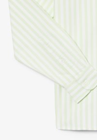 Camicia a maniche lunghe a righe verticali verde chiaro e bianco, con polsino con bottoni e apertura sulla manica.