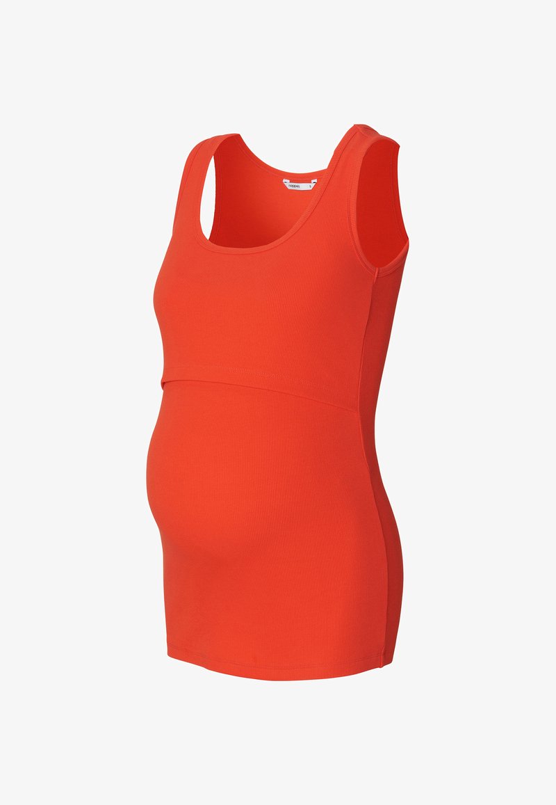 Oranges Maternity-Top aus geripptem Stoff mit Rundhalsausschnitt, breiten Trägern und einer taillierten Form, die für einen wachsenden Babybauch konzipiert ist.