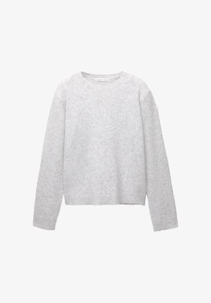 Gray knitted sweater with a crew neck, long sleeves, and ribbed hem. Made of soft material with a subtle texture.