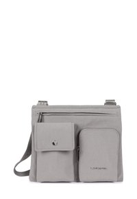 Borsa a tracolla grigia con due tasche anteriori con zip e una tasca con patta. Tessuto strutturato e tracolla regolabile per una lunghezza personalizzata.