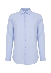 Jasnoniebieska, długosleeve koszula z gładkiego materiału, z zapięciem na guziki z przodu, klasycznym kołnierzykiem i dopasowanym krojem z eleganckimi mankietami.