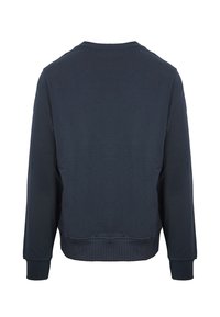 Felpa blu navy, in cotone misto, collo a giro, maniche lunghe, polsini e orlo a costine, design semplice senza loghi o motivi visibili.