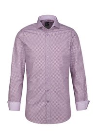 Camicia a maniche lunghe di colore viola chiaro con un motivo geometrico. Presenta un colletto classico, chiusura a bottoni e tessuto a contrasto per i polsini.