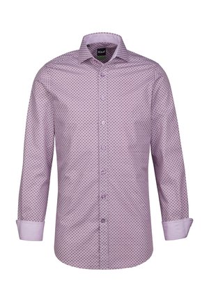 Chemise à manches longues de couleur mauve clair avec un motif géométrique. Elle présente un col classique, un boutonnière sur le devant et un tissu des poignets contrastant.